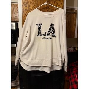 State of Mine Louisiana LA Leopard Print Sweatshirt Cream‎ XL High Low Hem